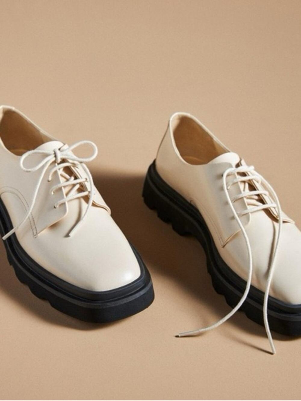 Anthropologie Maeve The Rhys Ivory Lace Up Square Toe Lug Sole Loafers- 38